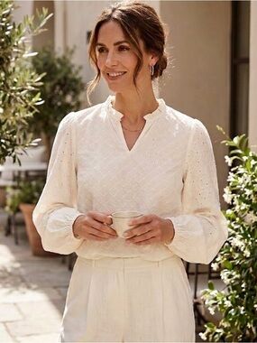 Part Two Cream Eyelet Ruffle Cotton Blouse 6  NWT- coastal minimalist romantic